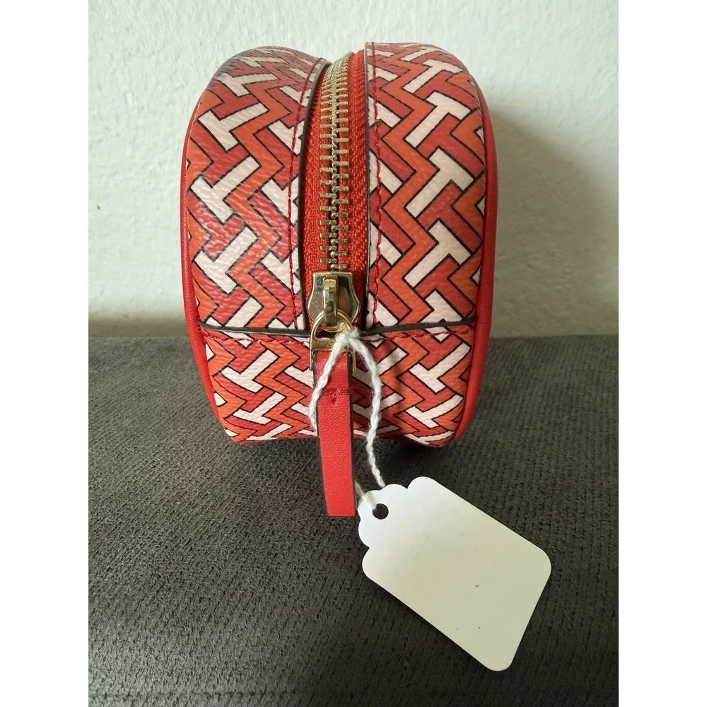 TORY BURCH Red Chevron Oval Makeup Cosmetics Bag Pouch Case 6x4x3.5